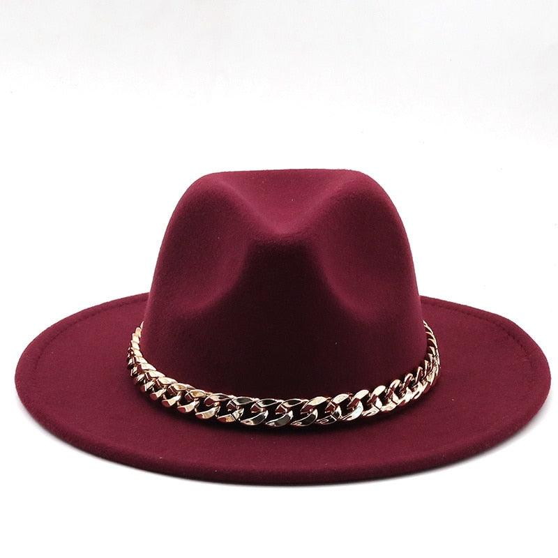Elegant Green Wide Brim Fedora Hat with Chain Band