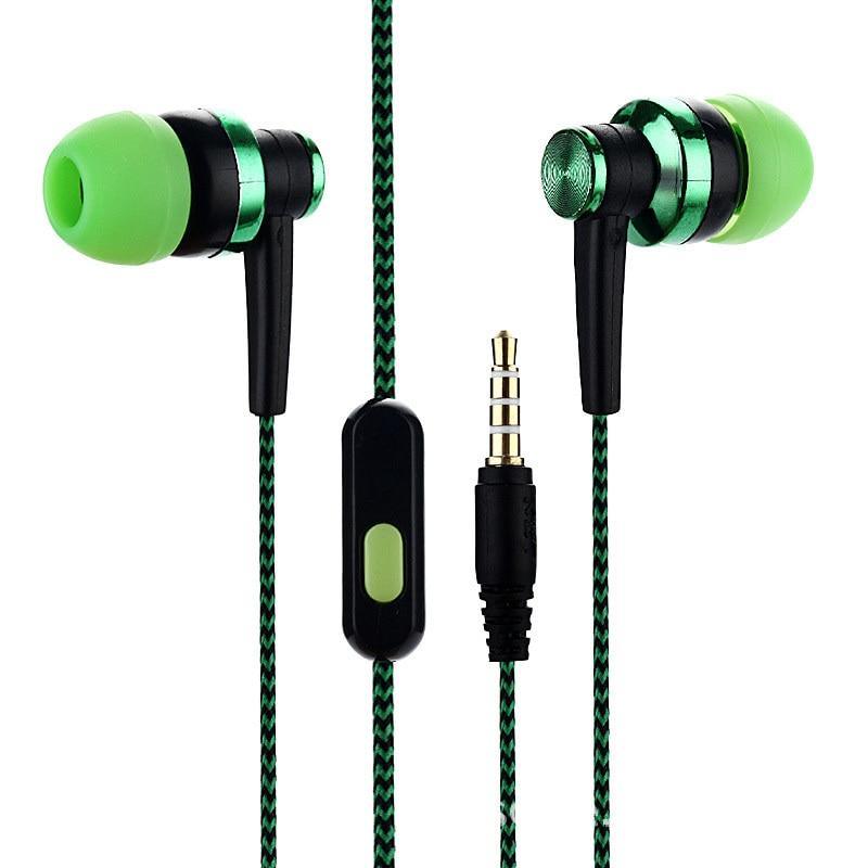 Durable in-ear headphones with braided cable in green, black, and red