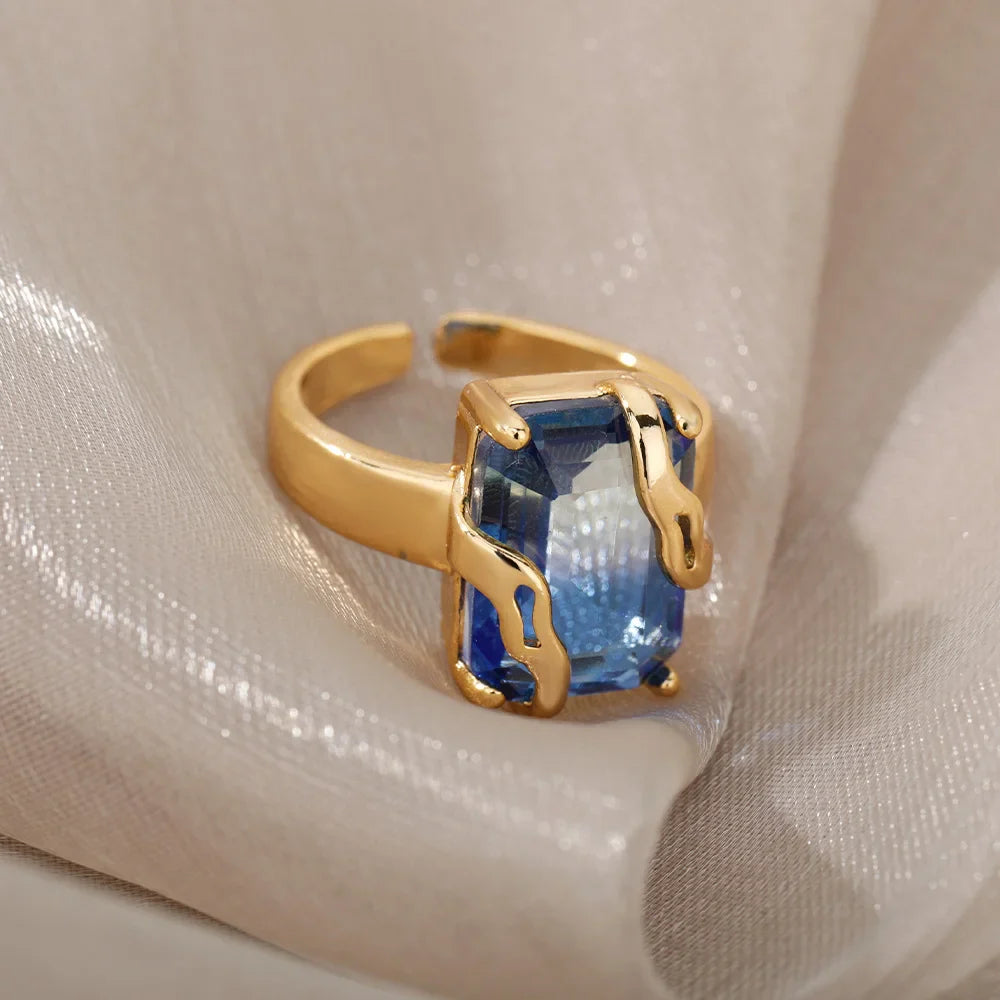 Cubic Zircon Blue Square Stone Rings For Women Stainless Steel Square Stone Finger Ring Party Aesthetic Valentine Jewelry Gift