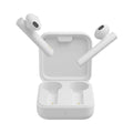 Sleek white wireless Bluetooth 5.0 earbuds with charging case