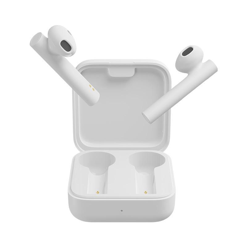 Minimalist white Stevvex wireless Bluetooth 5.0 earbuds with touch control interface.