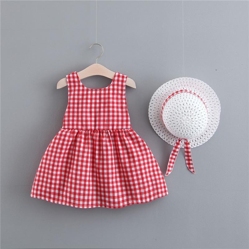 Infant Baby Girl Plaid Tutu Dress with Matching Hat Summer Set
