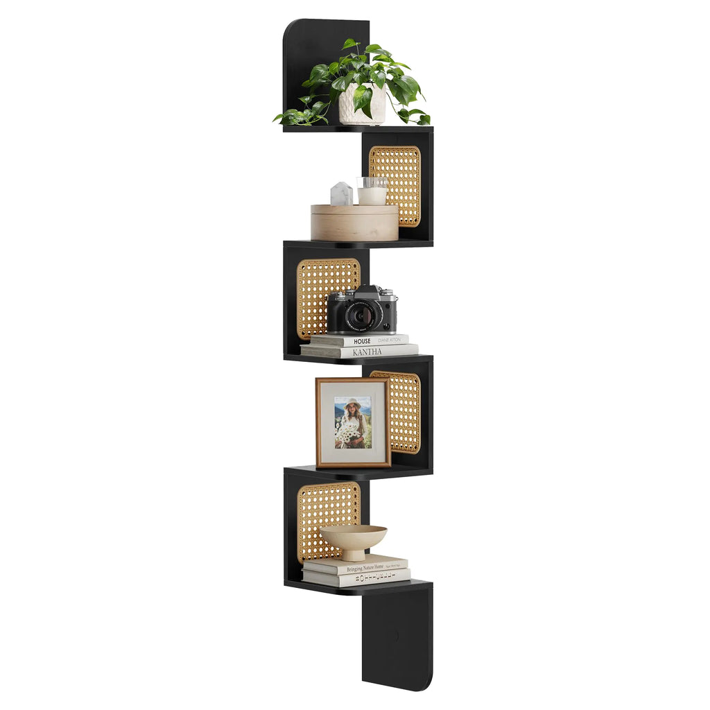 VASAGLE 5-Tier Corner Shelf Wall Mounted Floating Shelf Zigzag Corner Shelf Unit PVC Rattan Sides Space-Saving for Kitchen Living Room Bedroom Boho Style Ash Black ULLS582B21