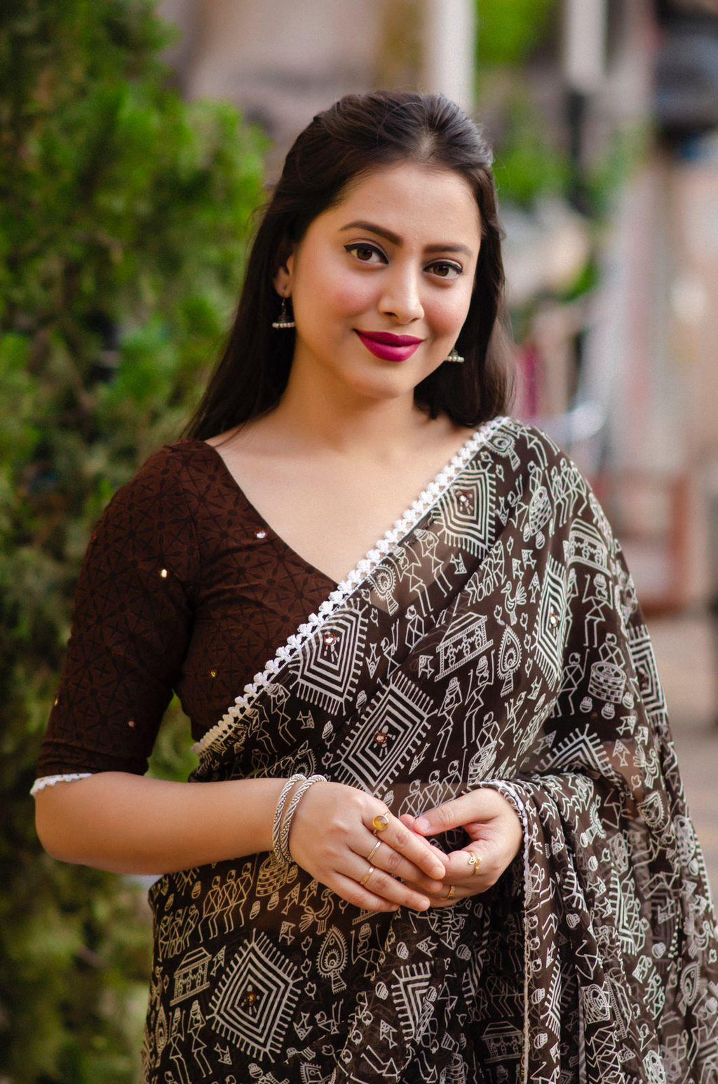 Coffee Poly Georgette Saree with Aari Mirror Work