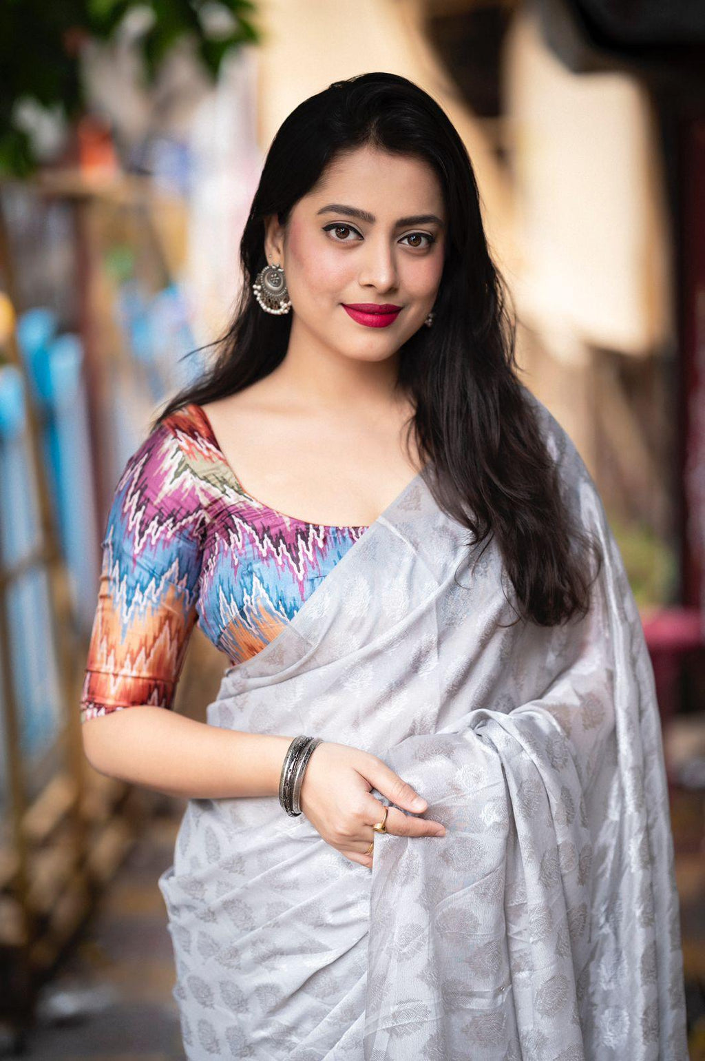 Grey Poly Crepe Ethnic Motifs Saree with Unstitched Blouse - Hiral Fashion