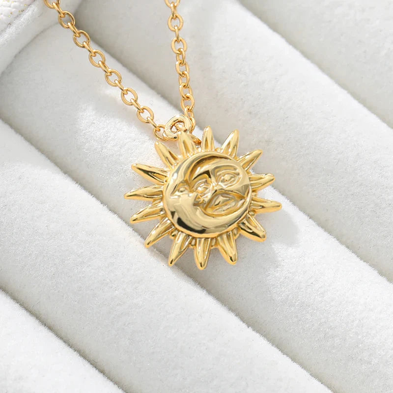 Bohemian Moon and Sun Face Pendant Necklaces Golden Minimalist Layered Coin Necklace For Women Men Jewelry Friendship Gift BFF
