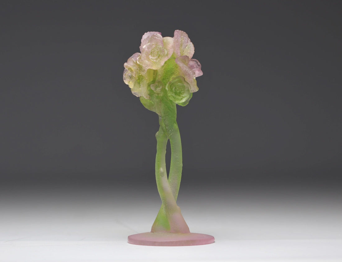 Daum France crystal candlestick holder featuring a sculpted pink and green rose design in its original box.