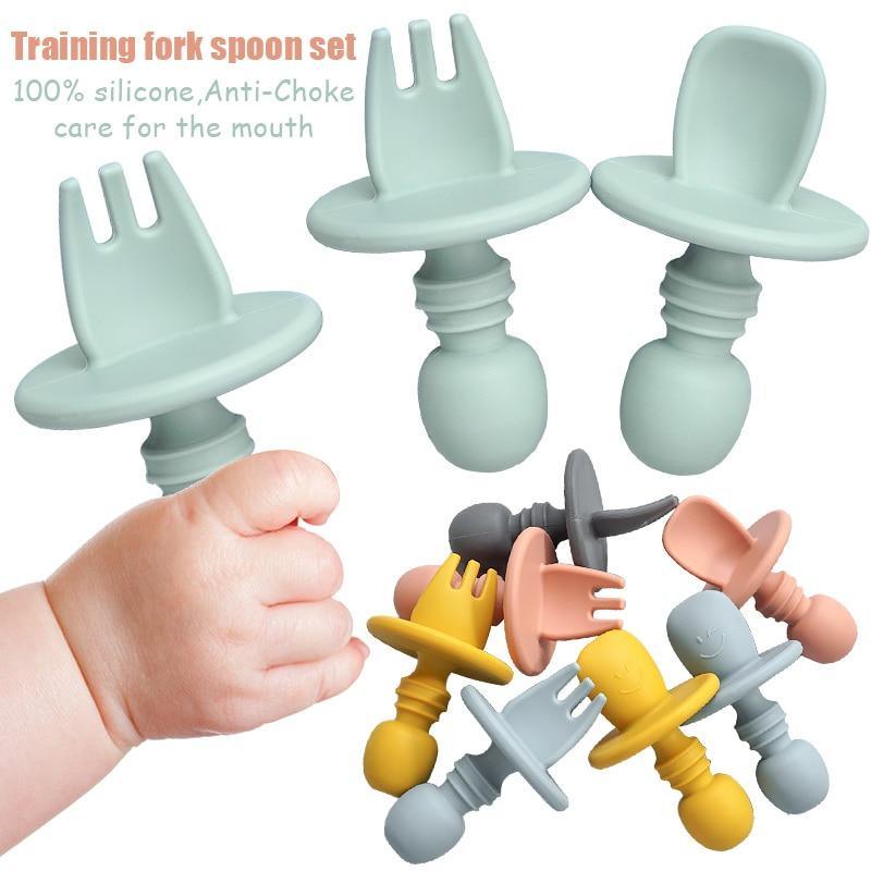 Stevvex soft silicone baby spoon and fork set with safety choke barrier for independent feeding