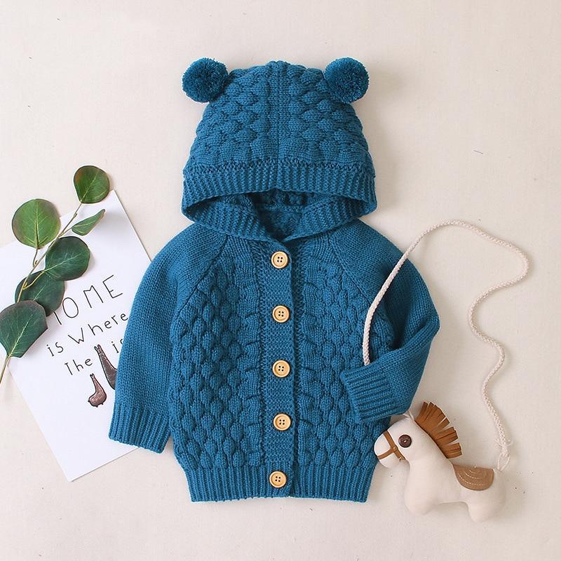 Infant Striped Knit Cardigan Coat with Bear Ear Hood