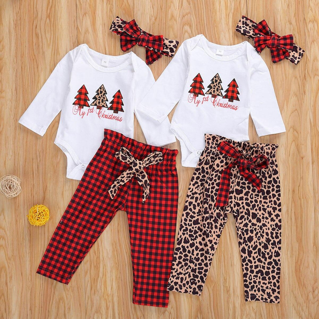 Newborn baby 3-piece Christmas outfit with a Christmas tree print pullover and leopard print pants