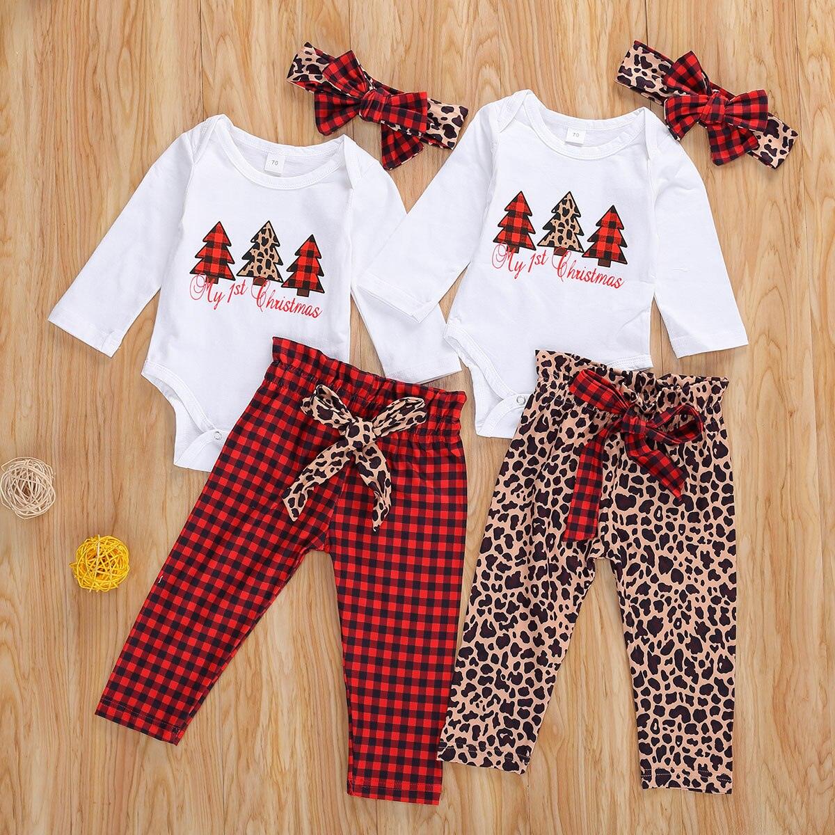 Newborn baby 3-piece Christmas outfit with a Christmas tree print pullover and leopard print pants