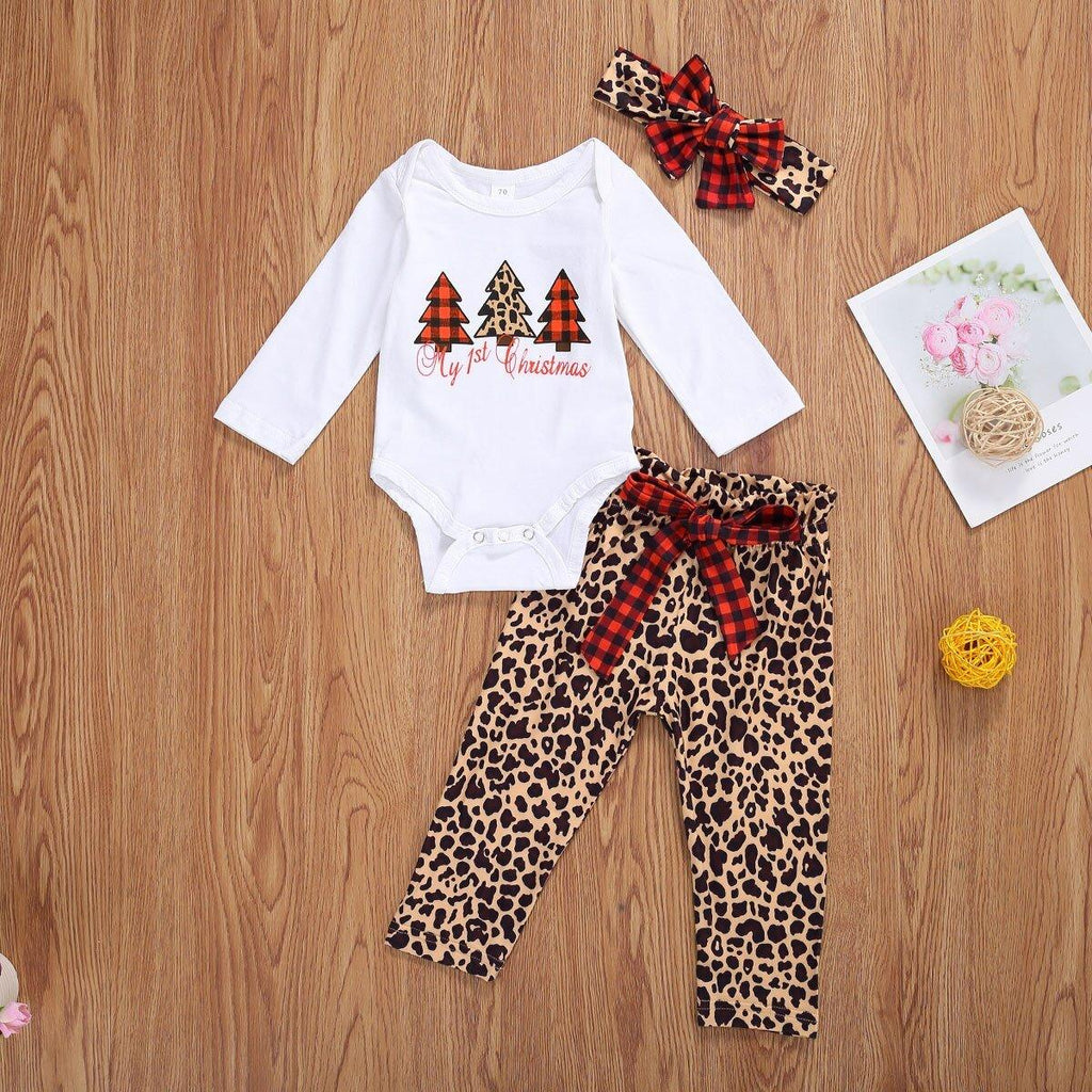 Newborn Baby Christmas Tree Pullover Top and Leopard Pants Set