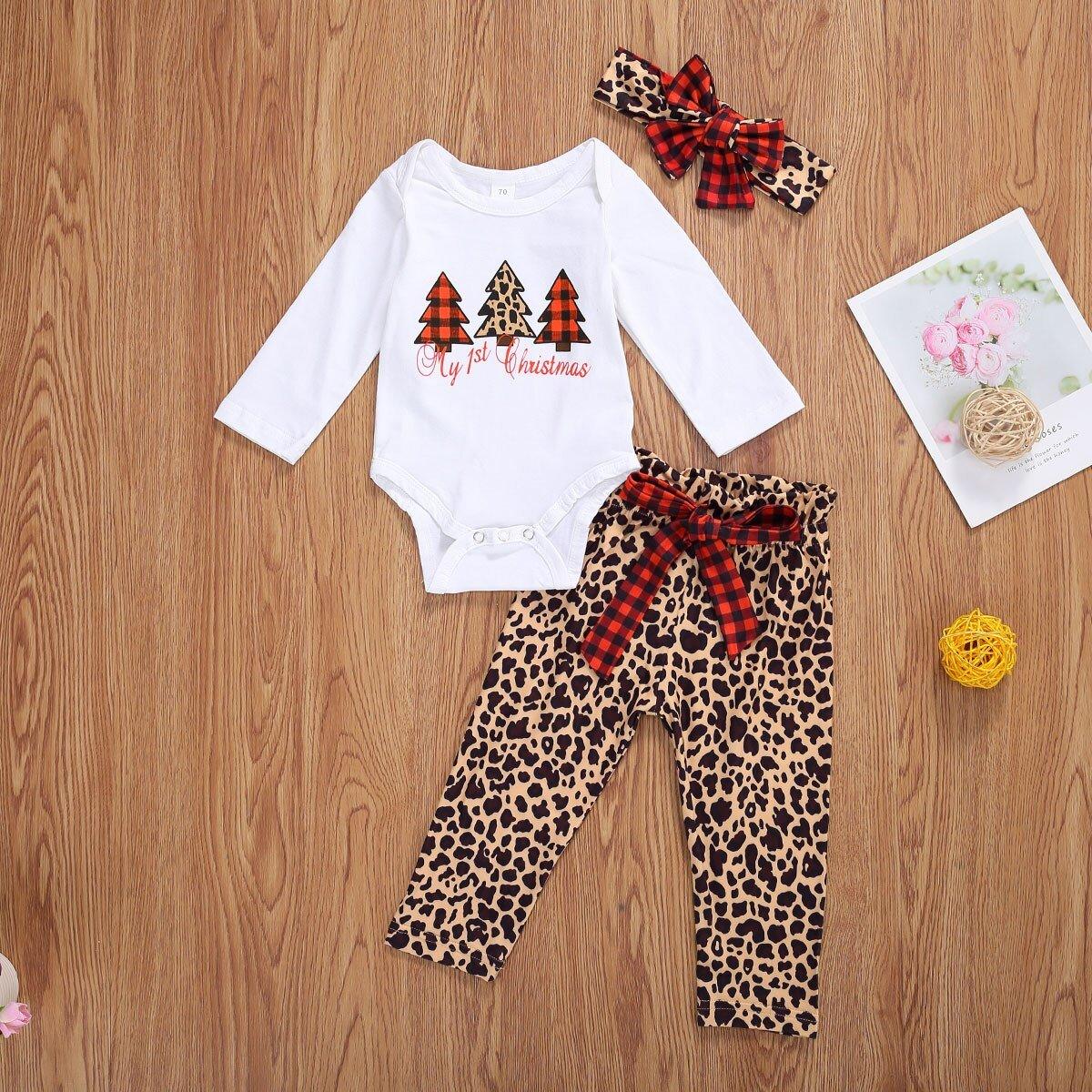 Newborn Baby Christmas Tree Pullover Top and Leopard Pants Set