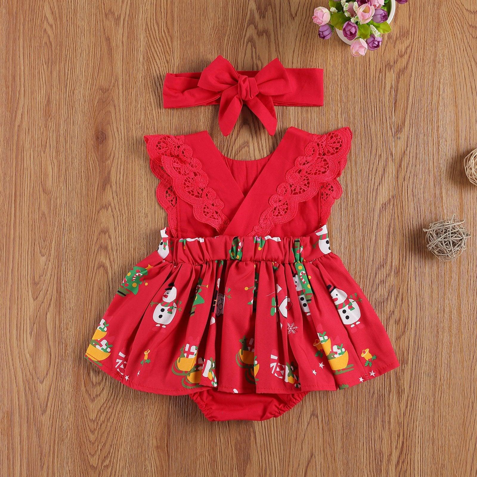 Baby Girls Lace Romper Dress with Cartoon Print and Headband