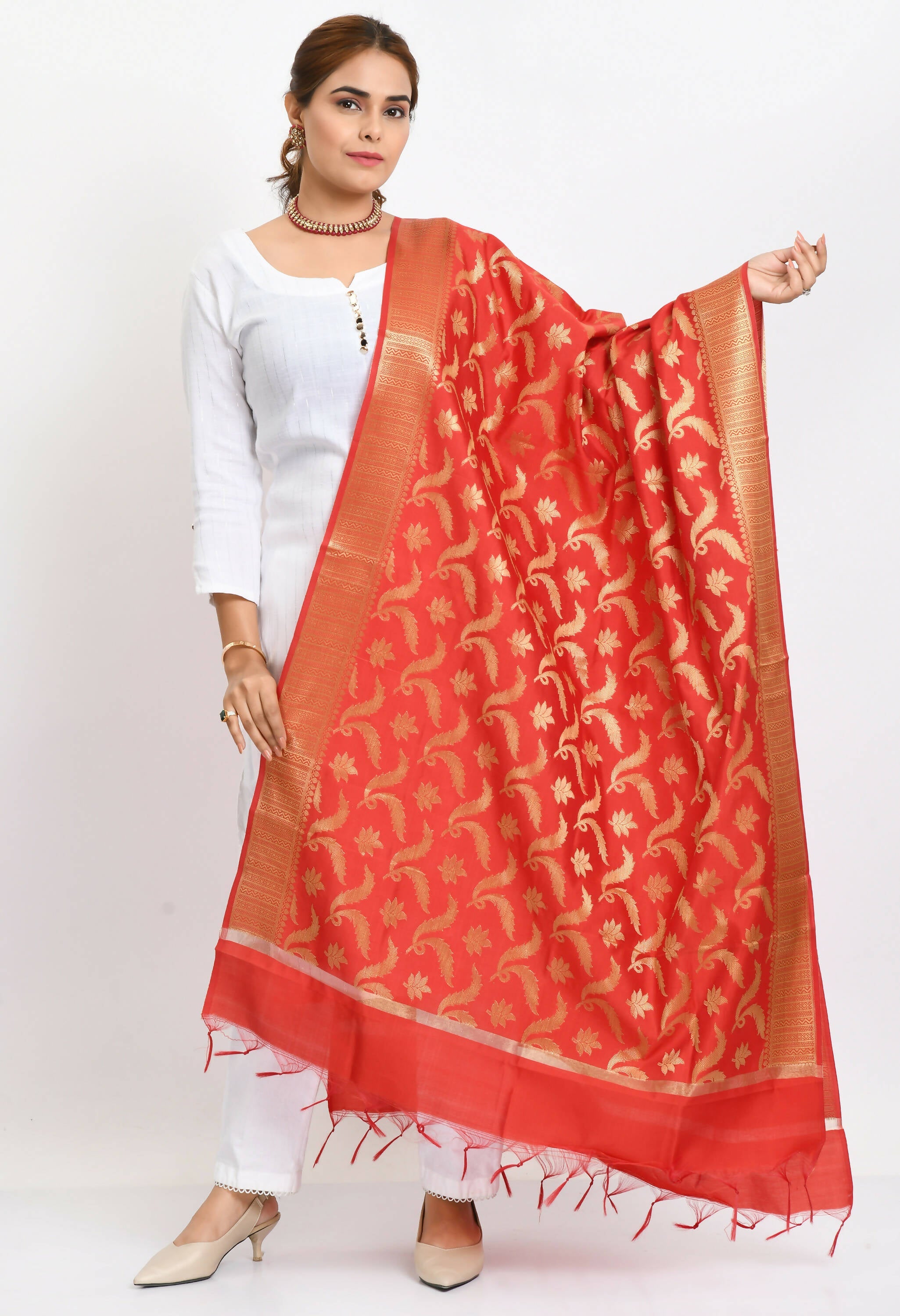 Red Banarsi Silk dupatta with floral woven patterns