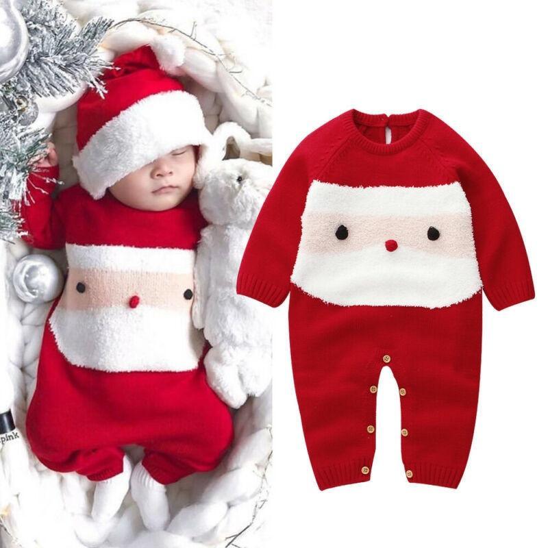 Baby wearing a red long-sleeve Santa Claus romper for Christmas