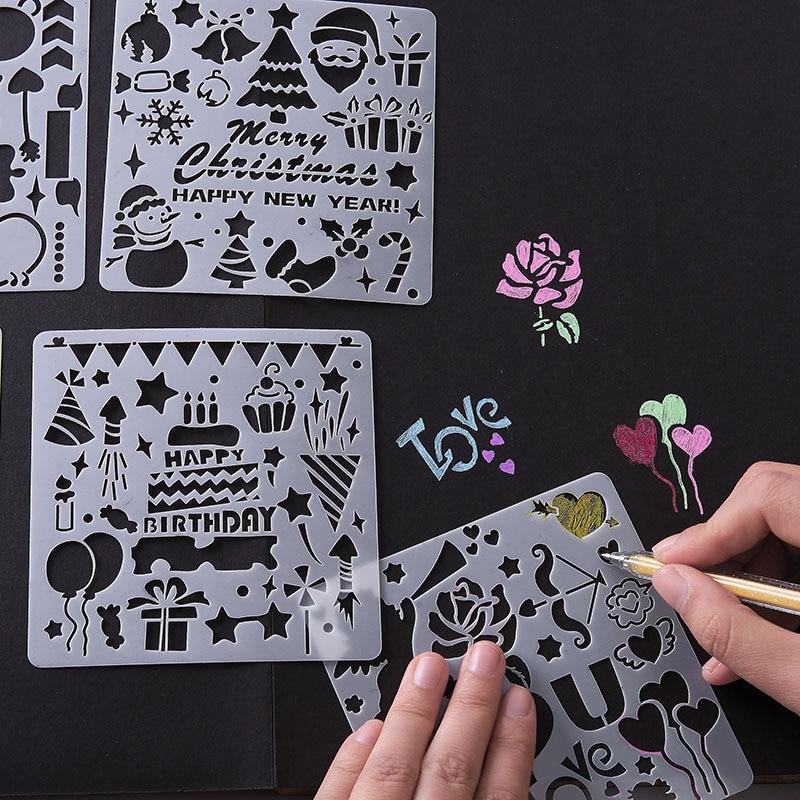 Set of 5 monochromatic white drawing stencils with various patterns for children's art projects