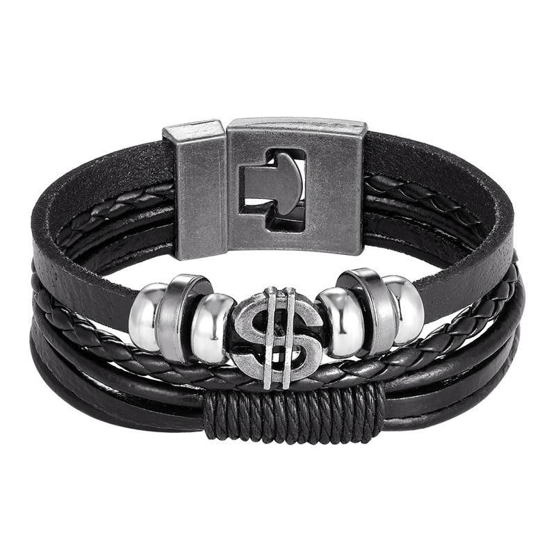 Multilayer Braided Leather Anchor Bracelet with Magnetic Clasp
