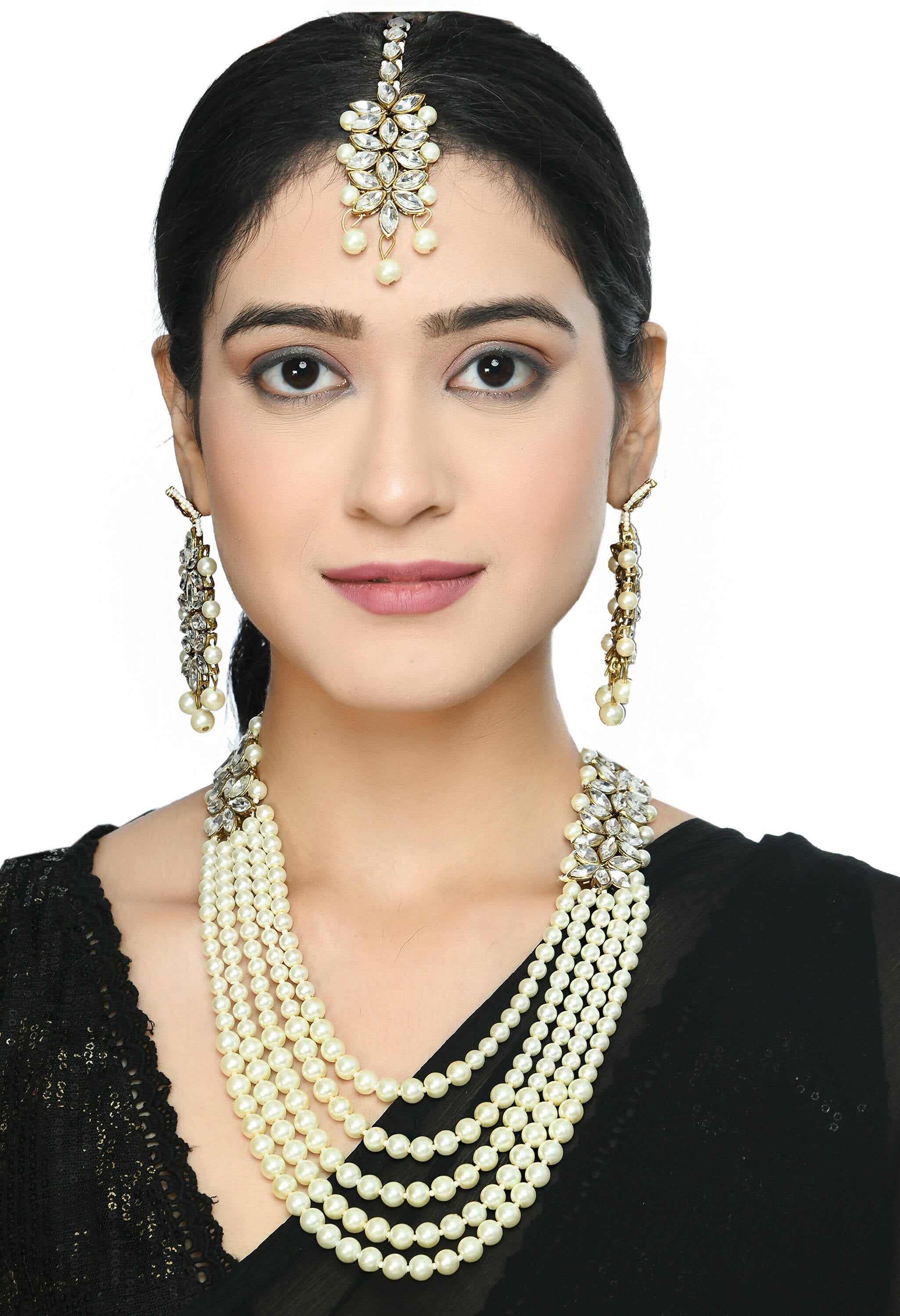 Johar Kamal Gold-Polished Rani Haar Necklace with Off White Pearls