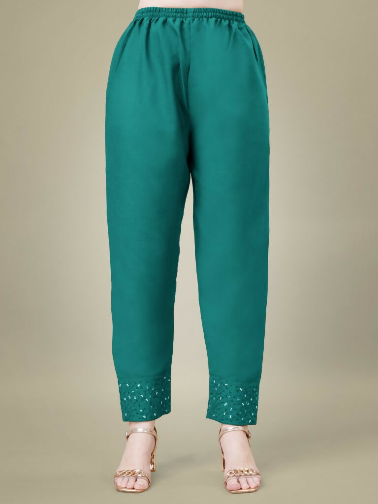 Women's Teal Cotton Blend Embroidered Straight Kurta with Trouser & Dupatta