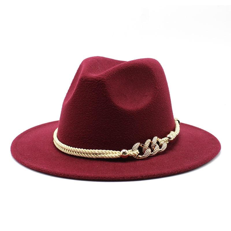 Classic White Wide Brim Fedora Hat with Chain Detail for Summer