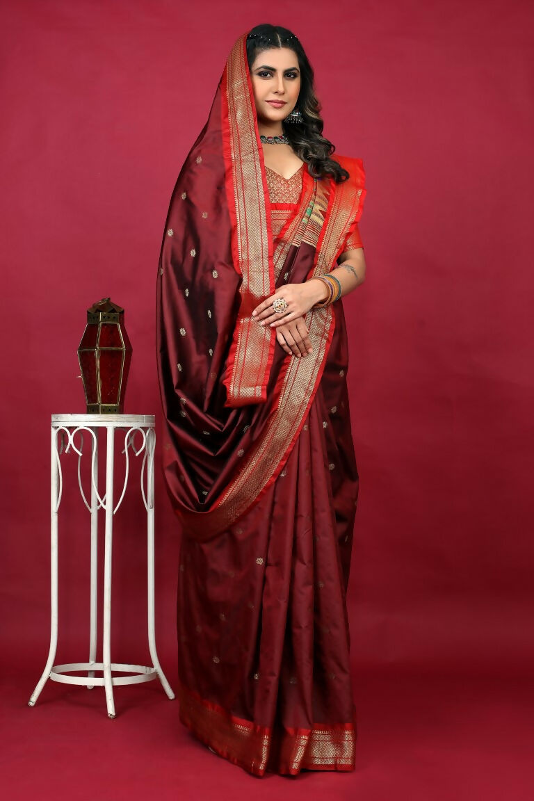 Women's Maroon Paithani Silk Saree with Zari Woven Border & Blouse