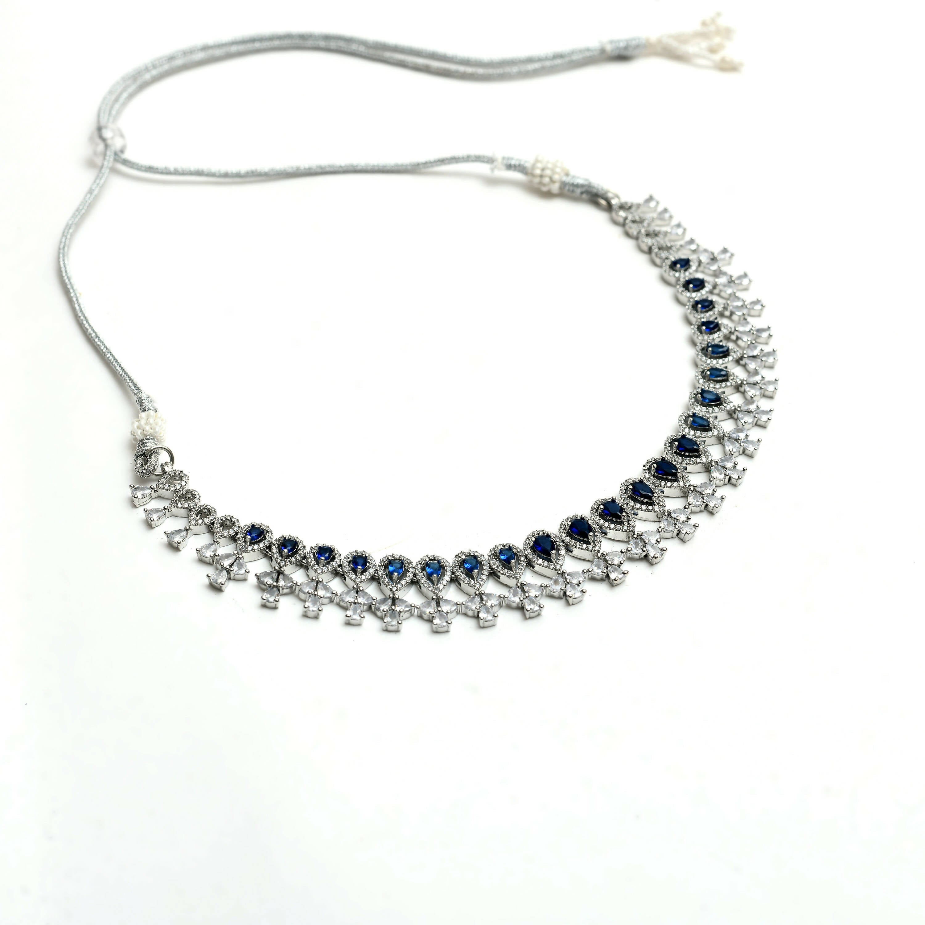 Silver-Plated American Diamond Blue Choker Necklace Set