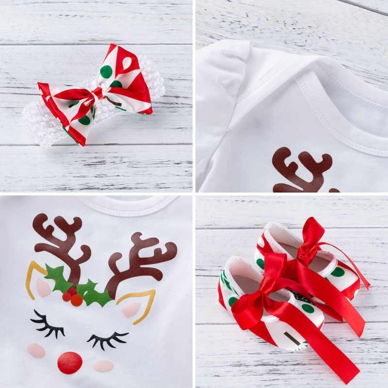 3PCS Festive Baby Girl Deer Romper Dress Set with Shoes and Bow