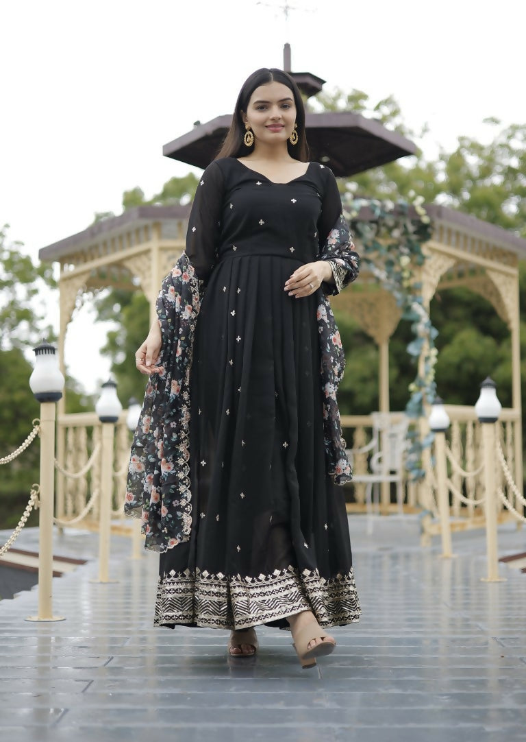 Black Faux Blooming Anarkali dress featuring sequins and zari embroidery