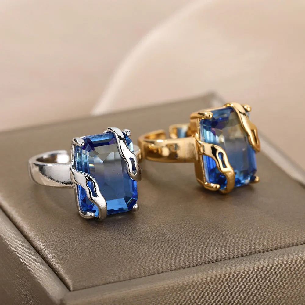 Cubic Zircon Blue Square Stone Rings For Women Stainless Steel Square Stone Finger Ring Party Aesthetic Valentine Jewelry Gift