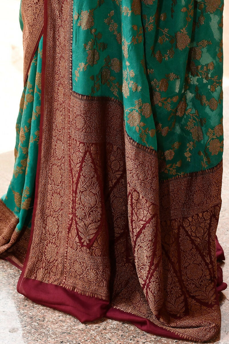 Teal Green Crepe Chiffon Handloom Banarasi Silk Saree