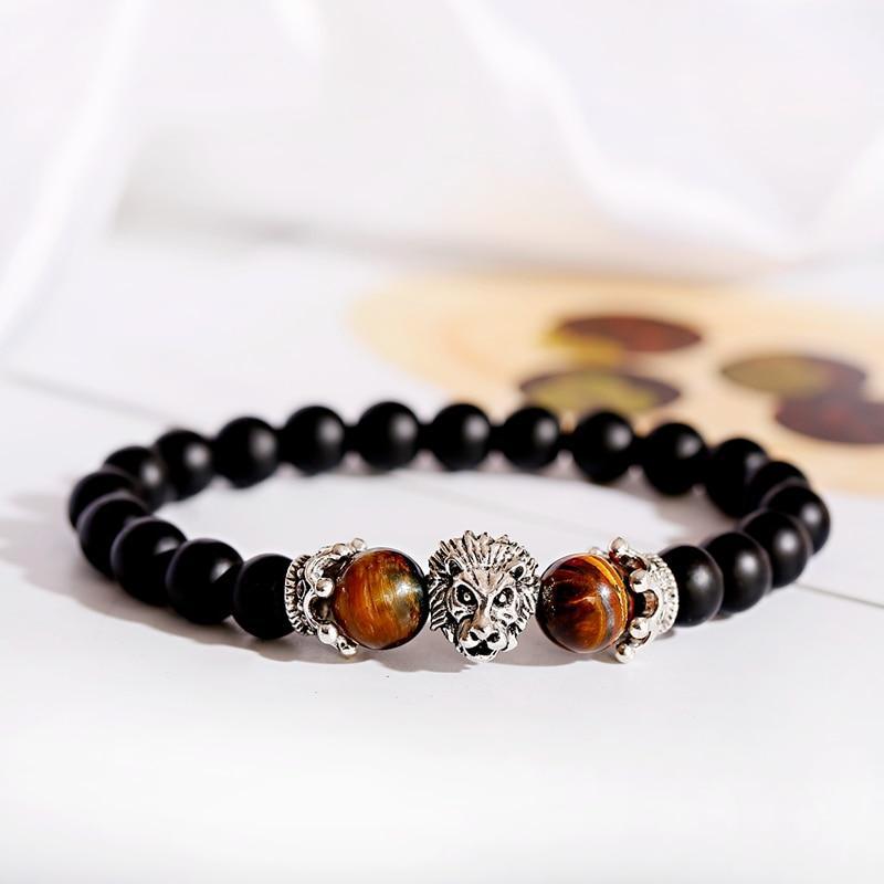 Luxury Crown Lion Beaded Bracelet with Tiger Eye & Onyx Stones