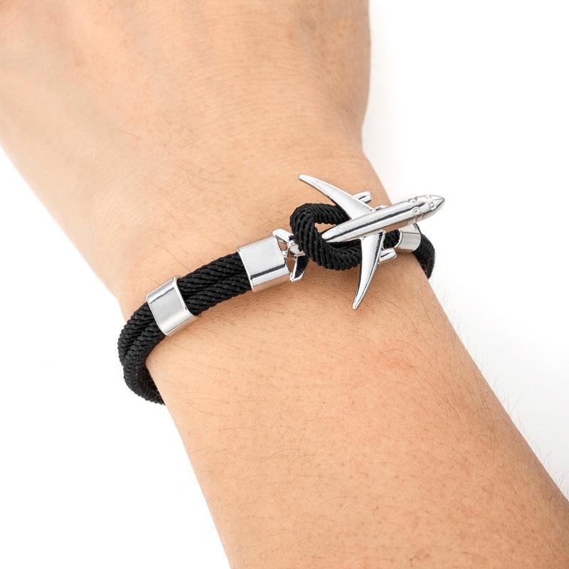 Modern unisex anchor-style rope bracelet with metal hook detail, Air Force inspired design.