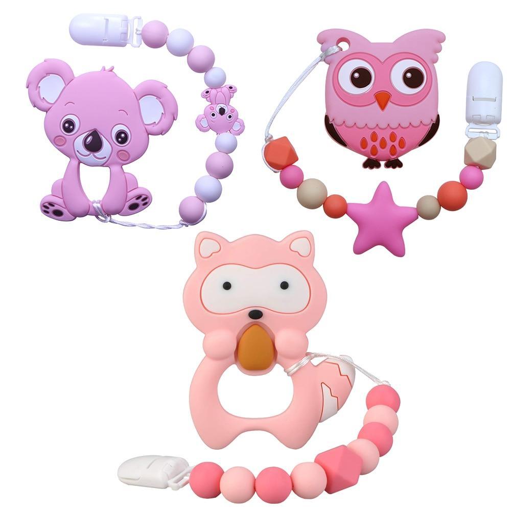 Cute animal shaped silicone molar teether featuring koala, owl, and horse designs