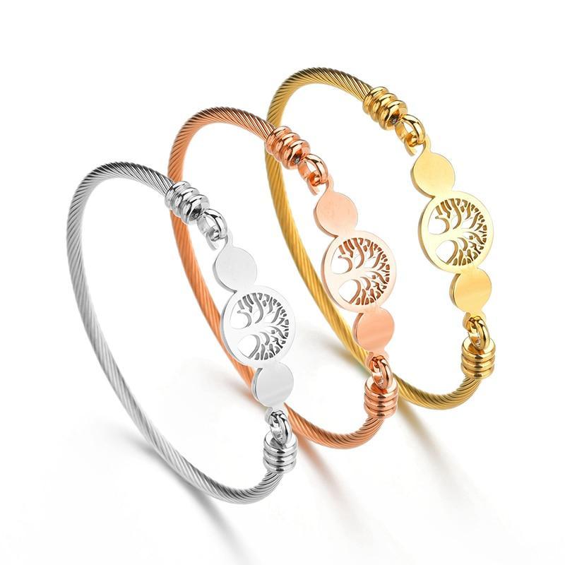 Hollow Tree of Life gold stainless steel cuff bangle for women