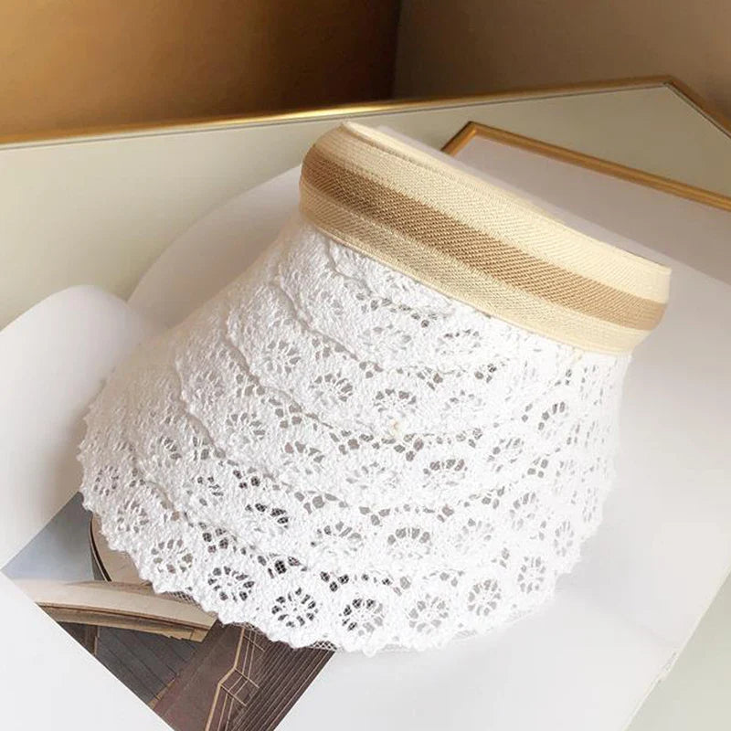 A stylish women's wide-brimmed lace sun visor available in white and black, perfect for summer beach wear.