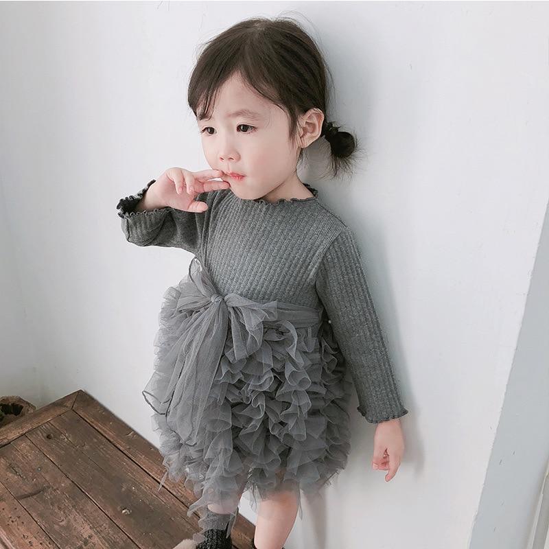 Girls Winter Knit Dress Grey White Festive Long Sleeve Holiday Outfit