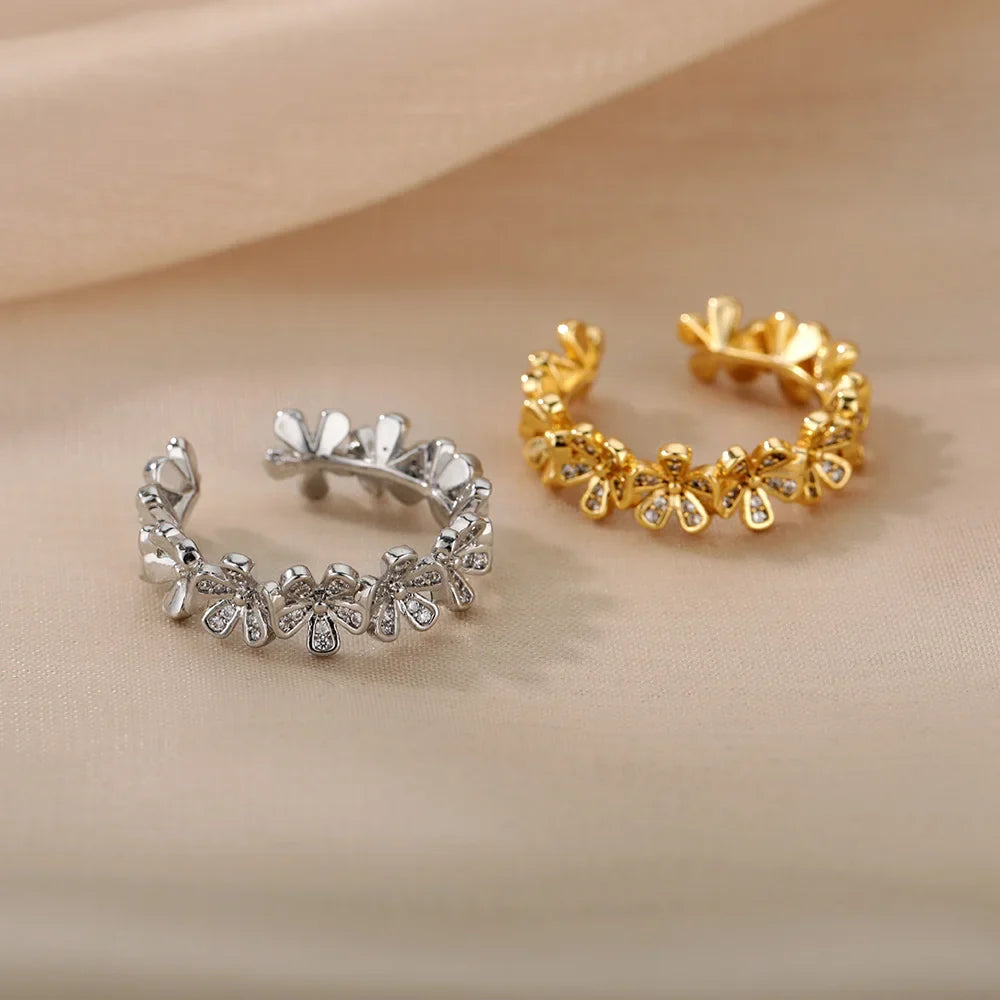 Ladies Flower Open Rings For Women Stainless Steel Cubic Zircon Flower Open Adjustable Ring Jewelry Students Girl Gift