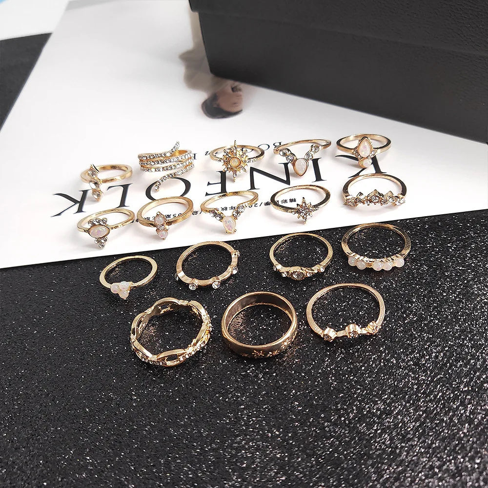 Fashion Geometric Knuckle Rings set For Women Crystal Gold color Finger Ring Boho Ladies wedding Jewelry Gift