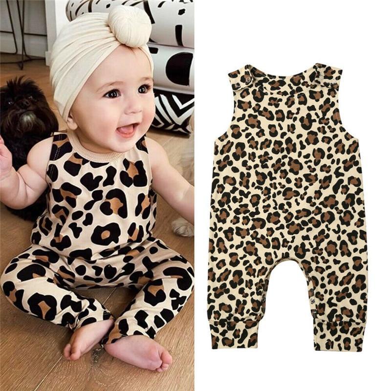 Baby girl leopard print long sleeve romper available in beige, black, and brown.