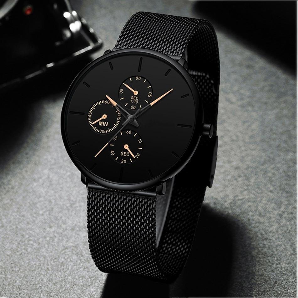 Minimalist Slim Mesh Quartz Watch for Men and Women in Black