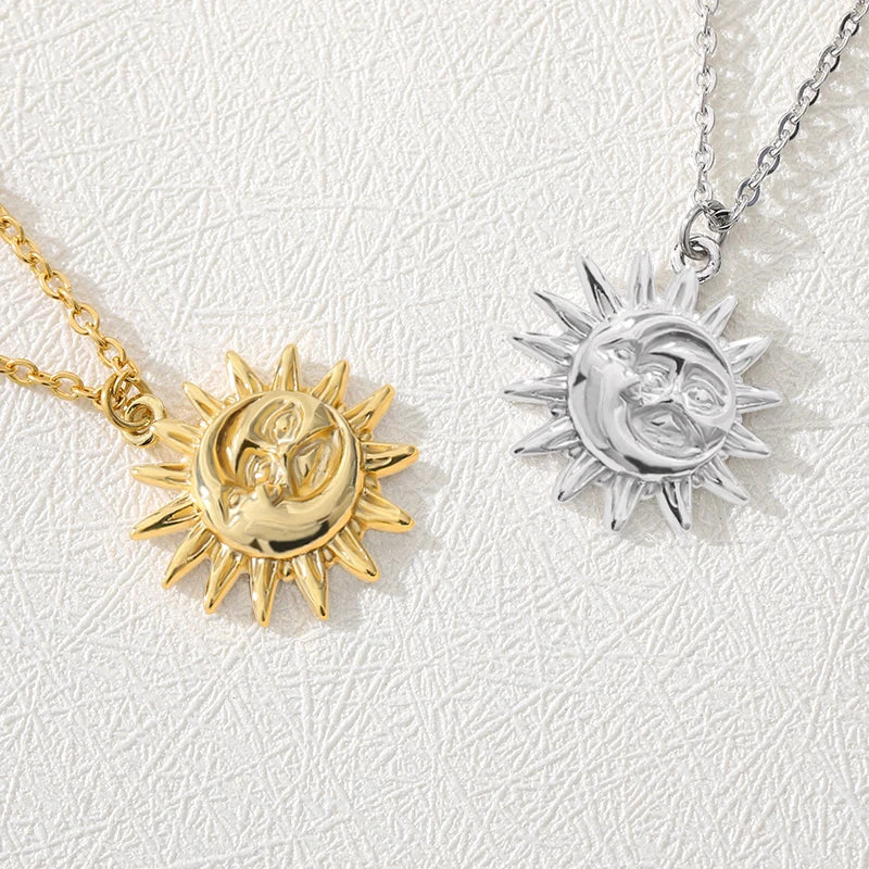Bohemian Moon and Sun Face Pendant Necklaces Golden Minimalist Layered Coin Necklace For Women Men Jewelry Friendship Gift BFF