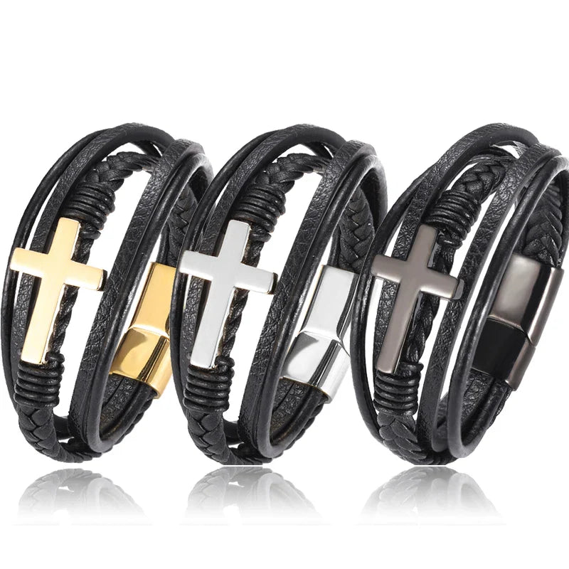 Boho Personalized Men's Family Name Bracelet Black Cross Woven Leather With Stainless Steel Charm Bracelet Custom Name Jewelry