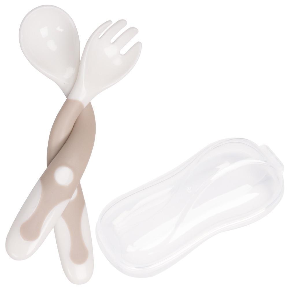Heat-resistant baby spoon and fork set with travel case in various colors including beige and green