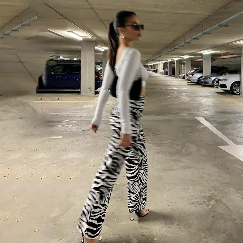 Women's Zebra Print High Waist Wide Leg Pants Casual Trousers - Image 21