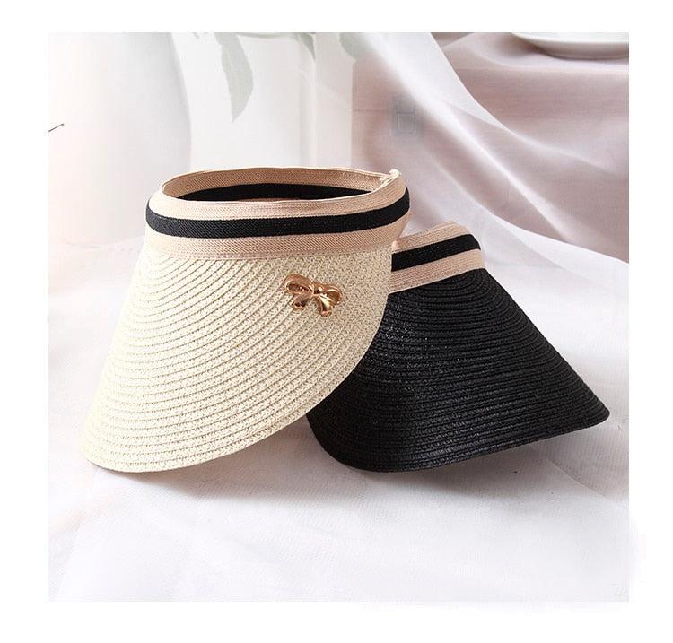 Vintage Straw Visor Hat with Bowknot - Open Top Beach Cap