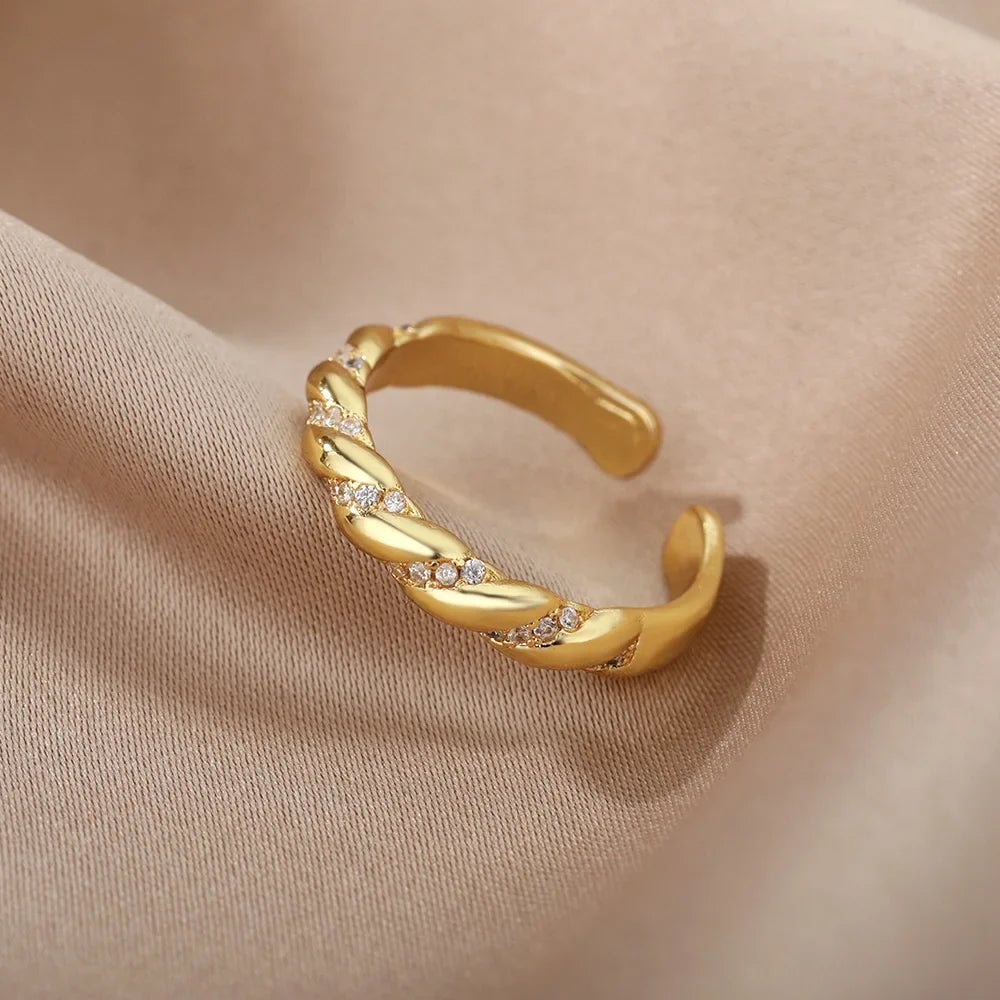 Zircon Twisted Rings For Women Punk Stainless Steel Gold Color Open Ring Geometric Finger Ring Hip Hop Charm Jewelry Gift