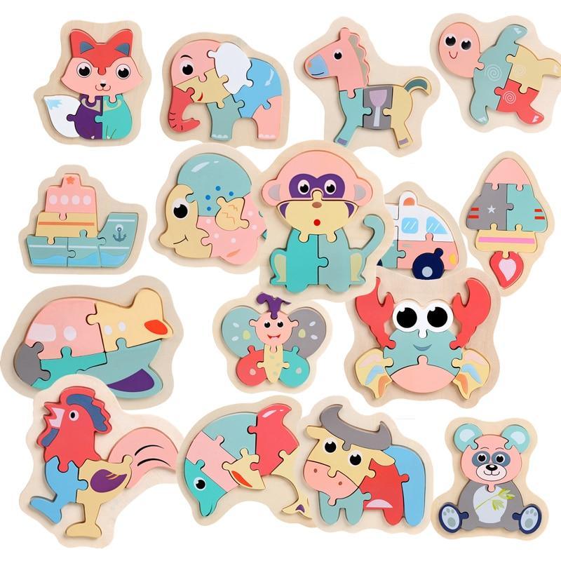 Colorful animal wooden puzzle pieces for toddlers on a white background