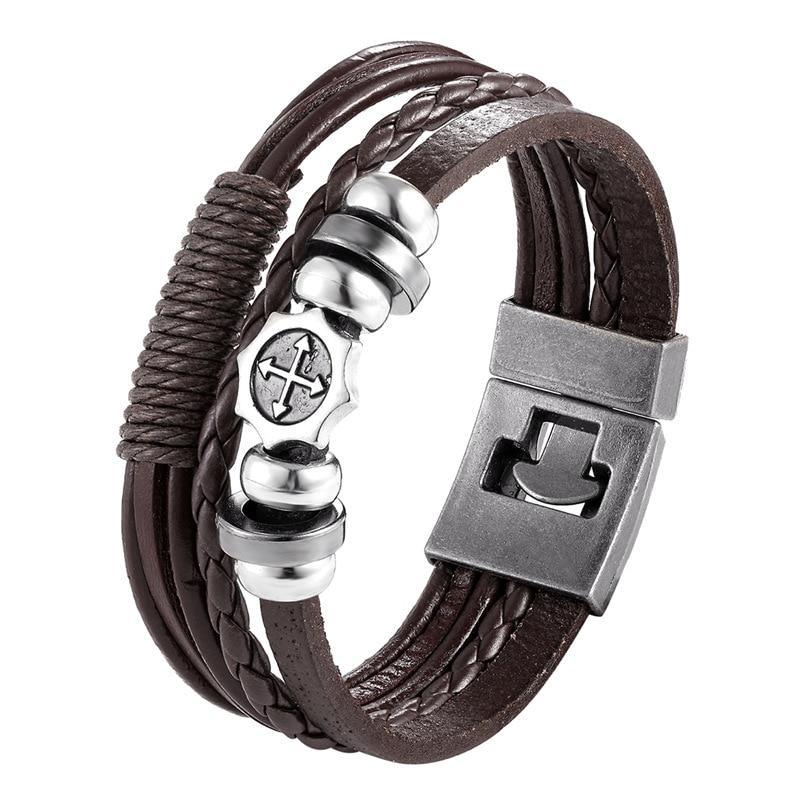 Multilayer Braided Leather Anchor Bracelet with Magnetic Clasp