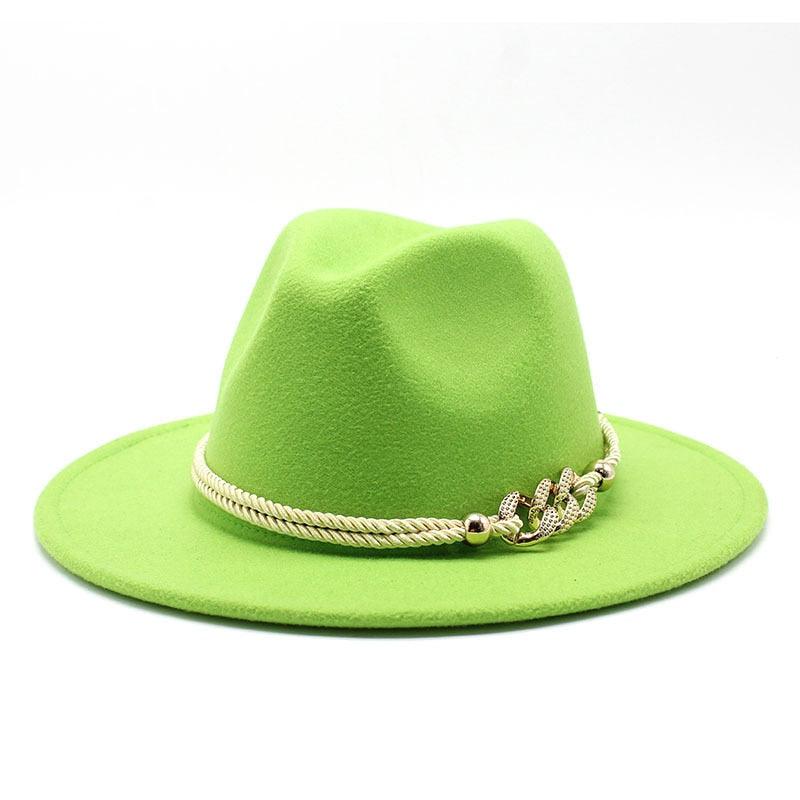 Classic White Wide Brim Fedora Hat with Chain Detail for Summer